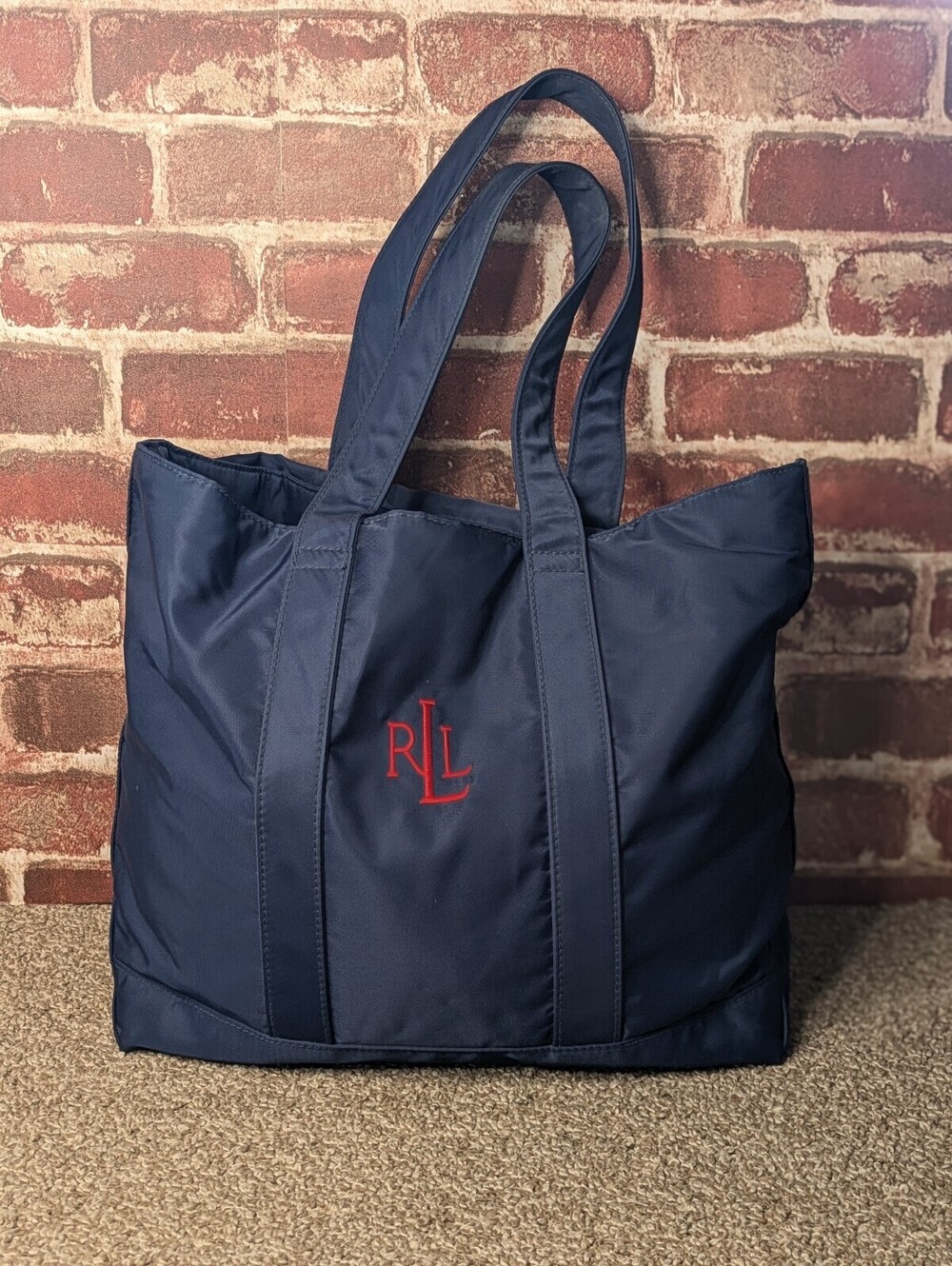 Lauren Ralph Lauren Tote Bag Purse Navy Blue Nylon Red Embroidered RLL Logo